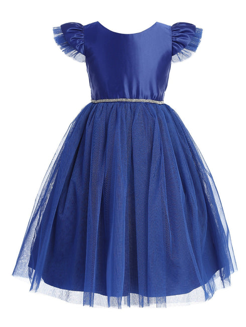 Girls Royal Blue Satin Crystal Tulle Flutter Sleeve Flower Girl Dress 2-16 - SophiasStyle.com